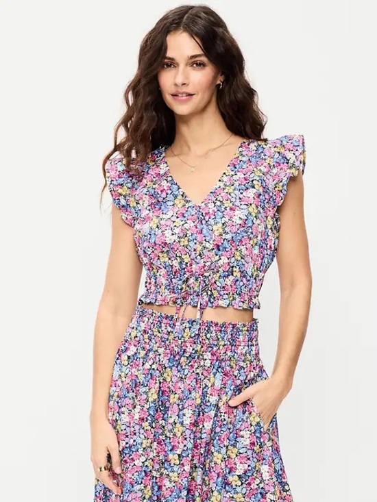 Old Navy Tops - Old Navy Pink Multi Floral V-Neck Smocked Crop Top